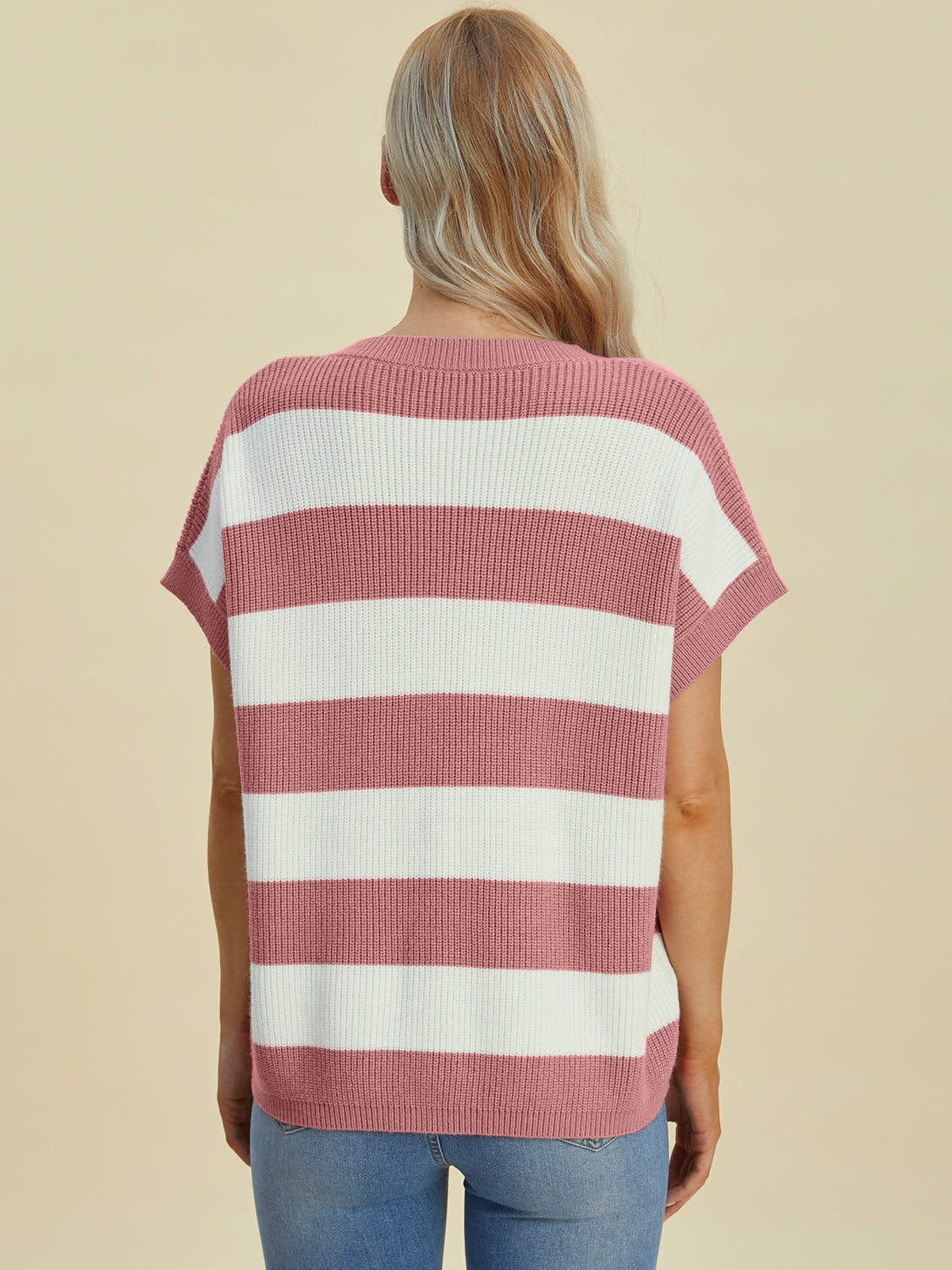 Double Take Full Size Striped V-Neck Short Sleeve Sweater Trendsi