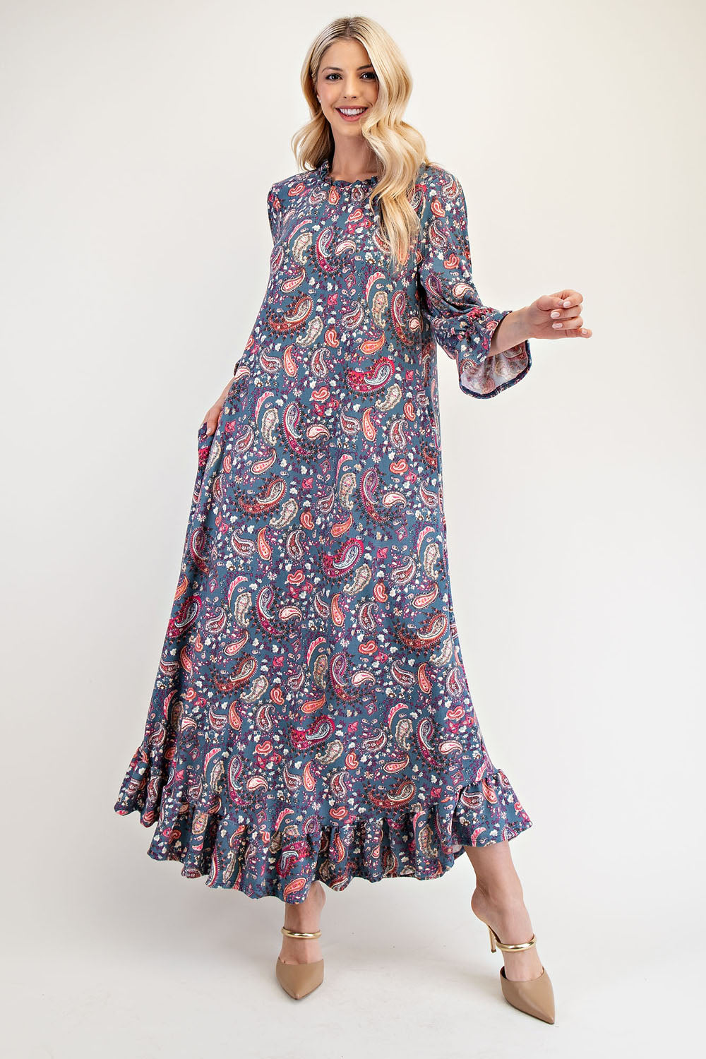 Celeste Full Size Ruffle Hem Paisley Round Neck Dress Trendsi