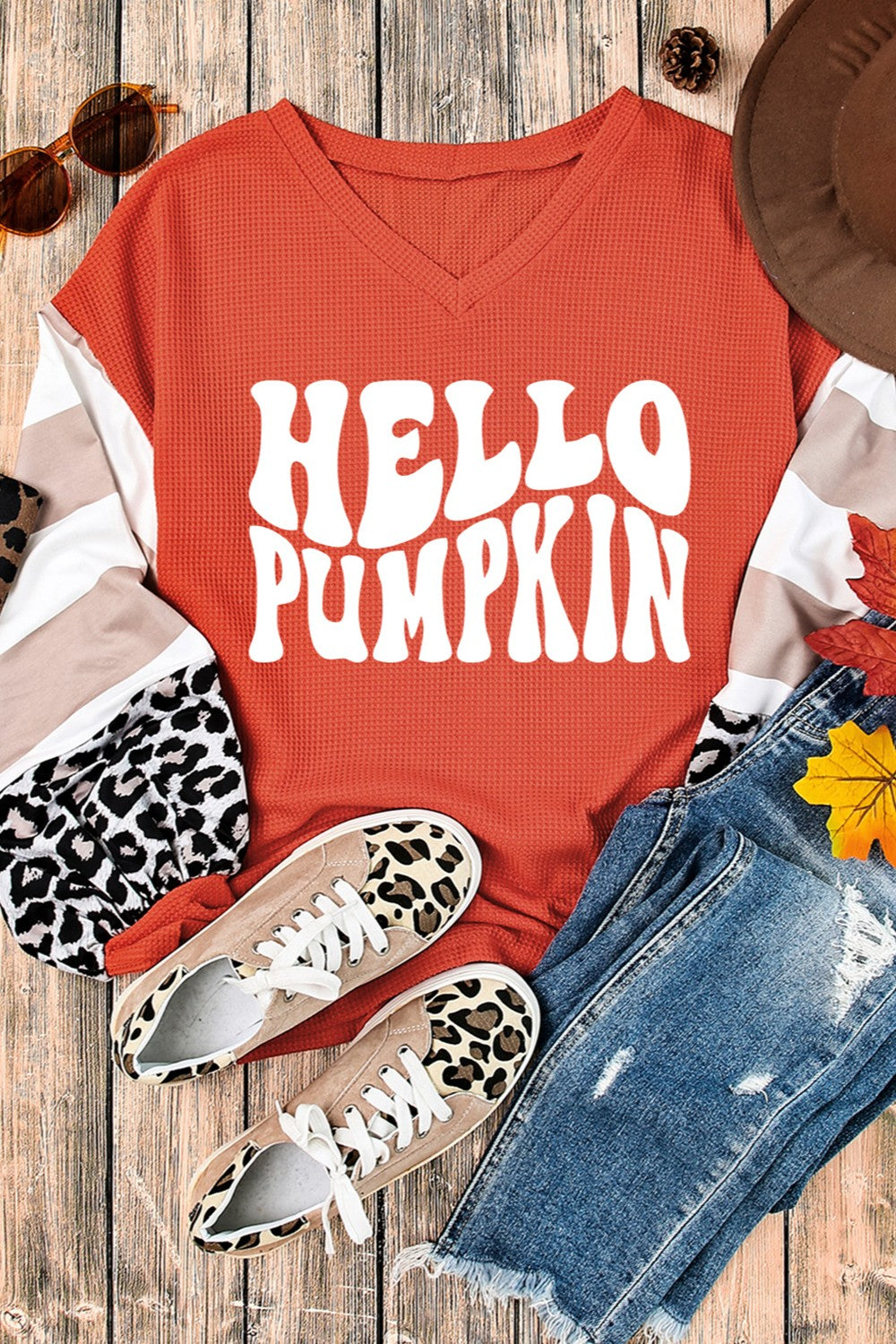 Hello Pumpkin V-Neck Long Sleeve Top