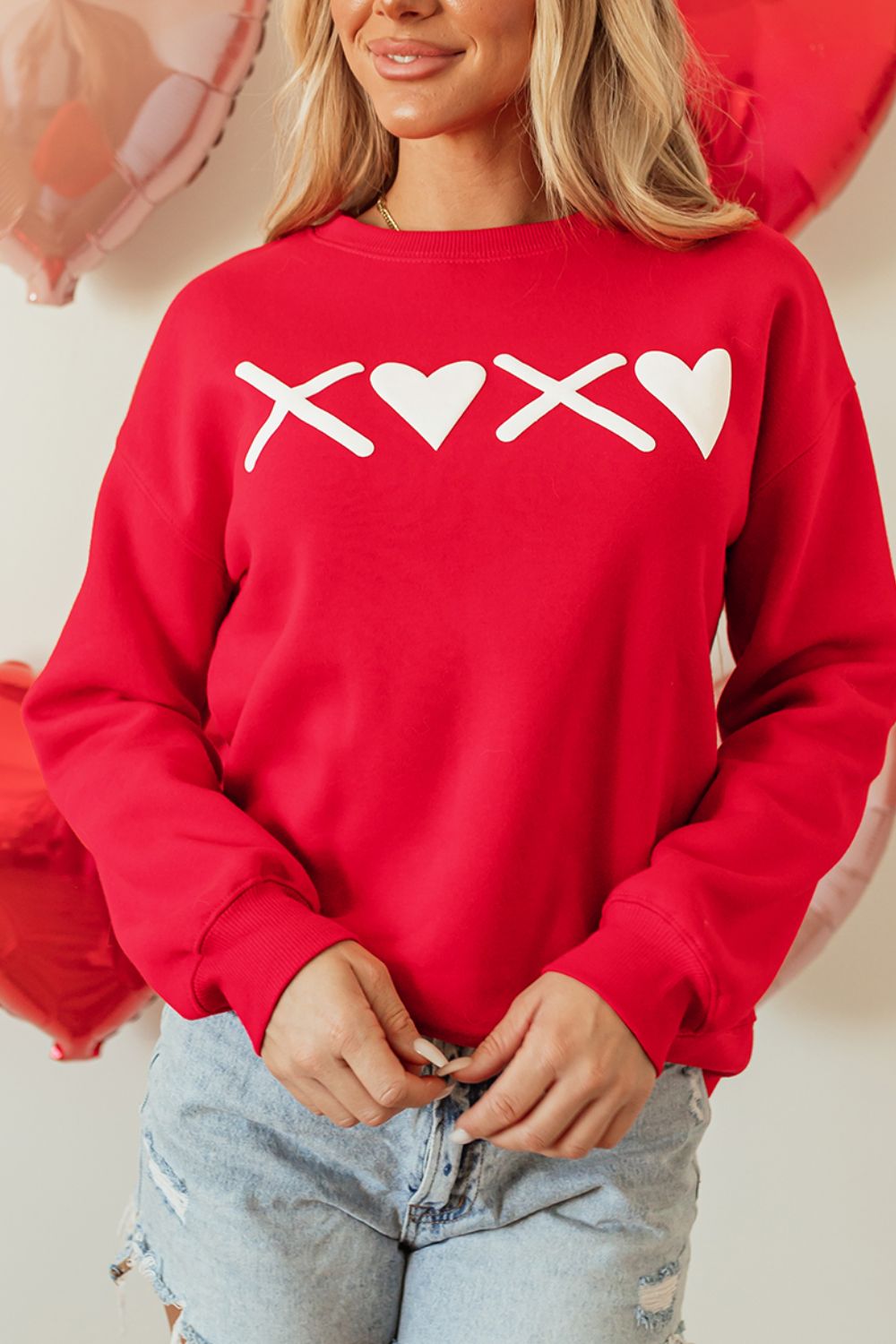 Valentine’s Day XOXO Round Neck Drop Shoulder Sweatshirt Trendsi