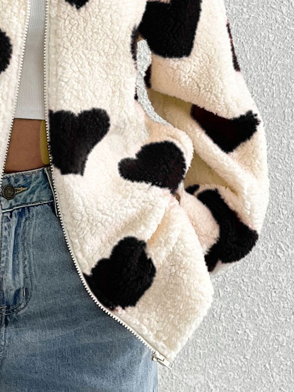 Heart Zip Up Drop Shoulder Furry Jacket Trendsi