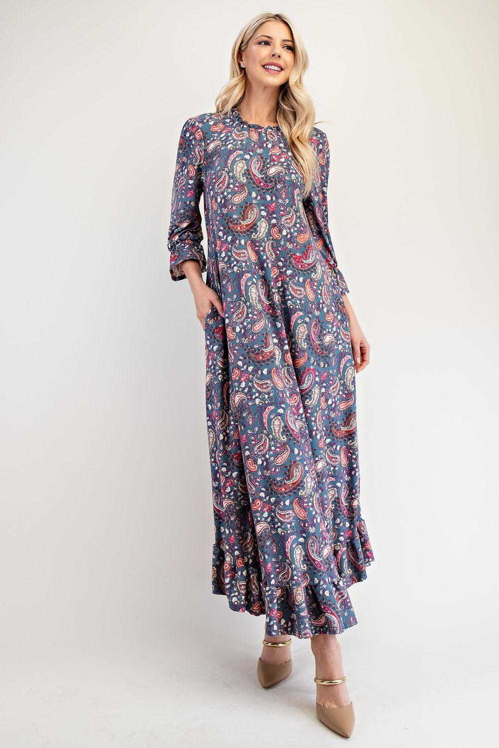 Celeste Full Size Ruffle Hem Paisley Round Neck Dress Trendsi