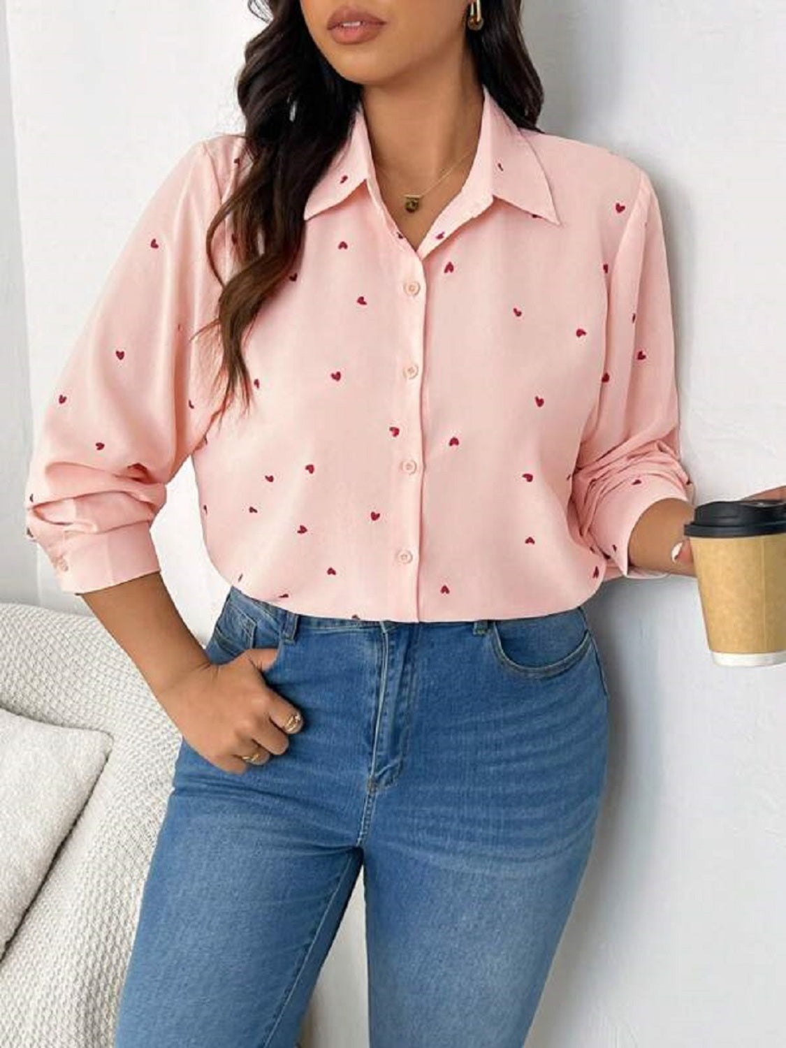 Heart Collared Neck Long Sleeve Shirt Trendsi