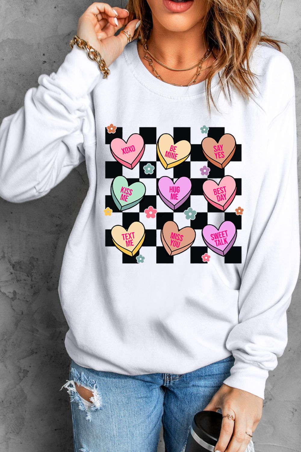 Valentine's Day Checkered Heart Long Sleeve Sweatshirt Trendsi