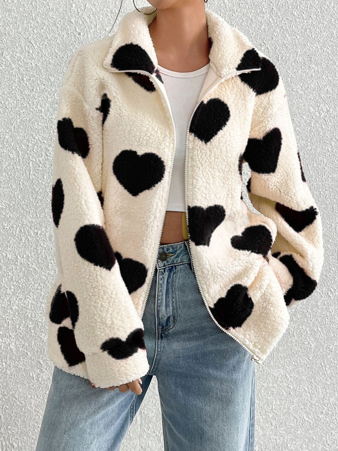 Heart Zip Up Drop Shoulder Furry Jacket Trendsi