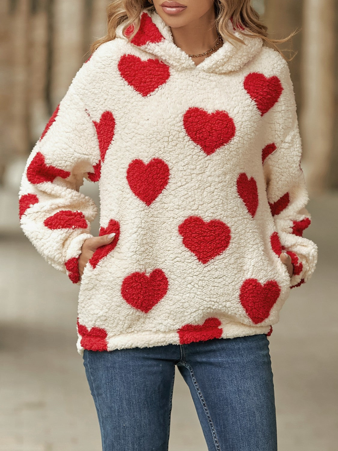 Fuzzy Heart Pocketed Dropped Shoulder Hoodie Trendsi