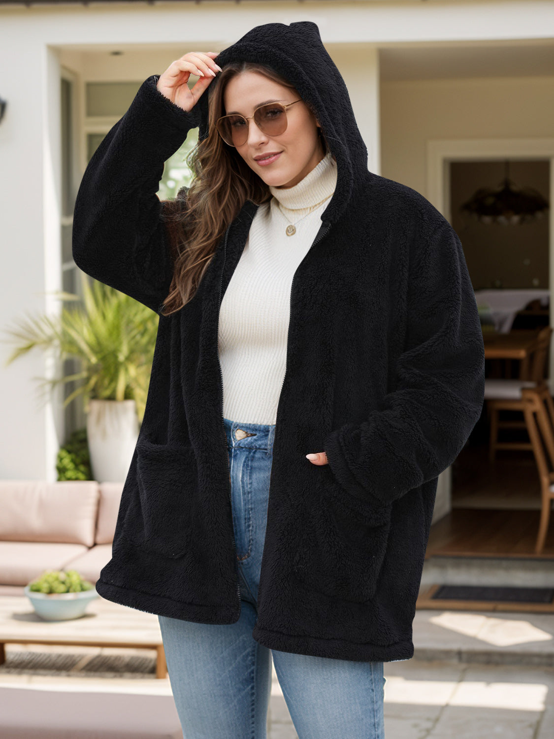 Plus Size Zip Up Long Sleeve Hooded Outerwear Trendsi