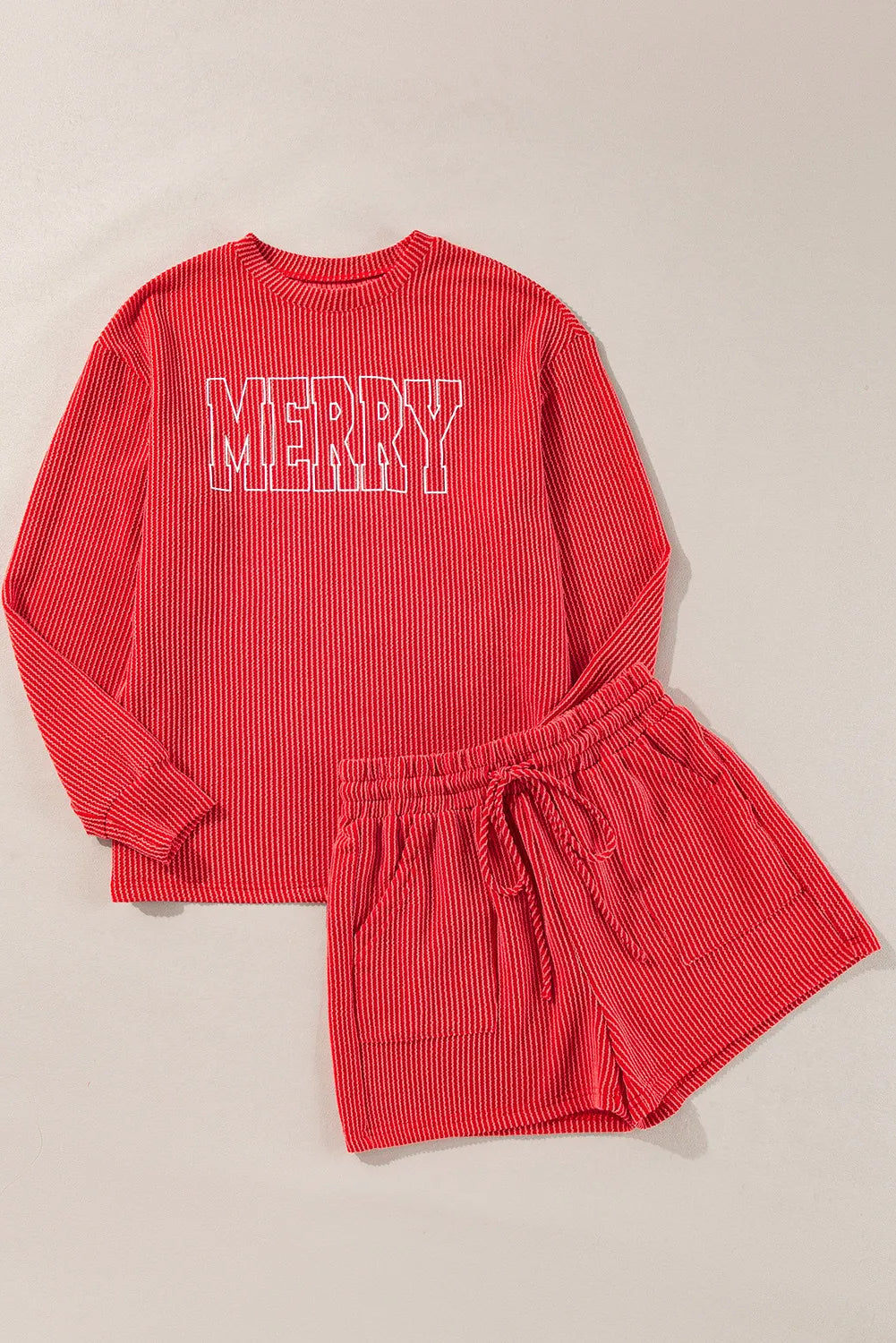 MERRY Round Neck Long Sleeve Top and Shorts Lounge Set Trendsi