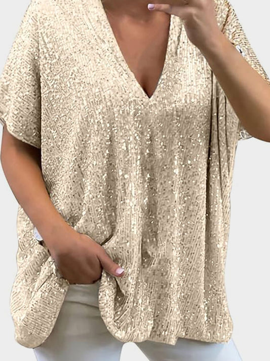 Full Size Sequin V-Neck Short Sleeve Top Trendsi