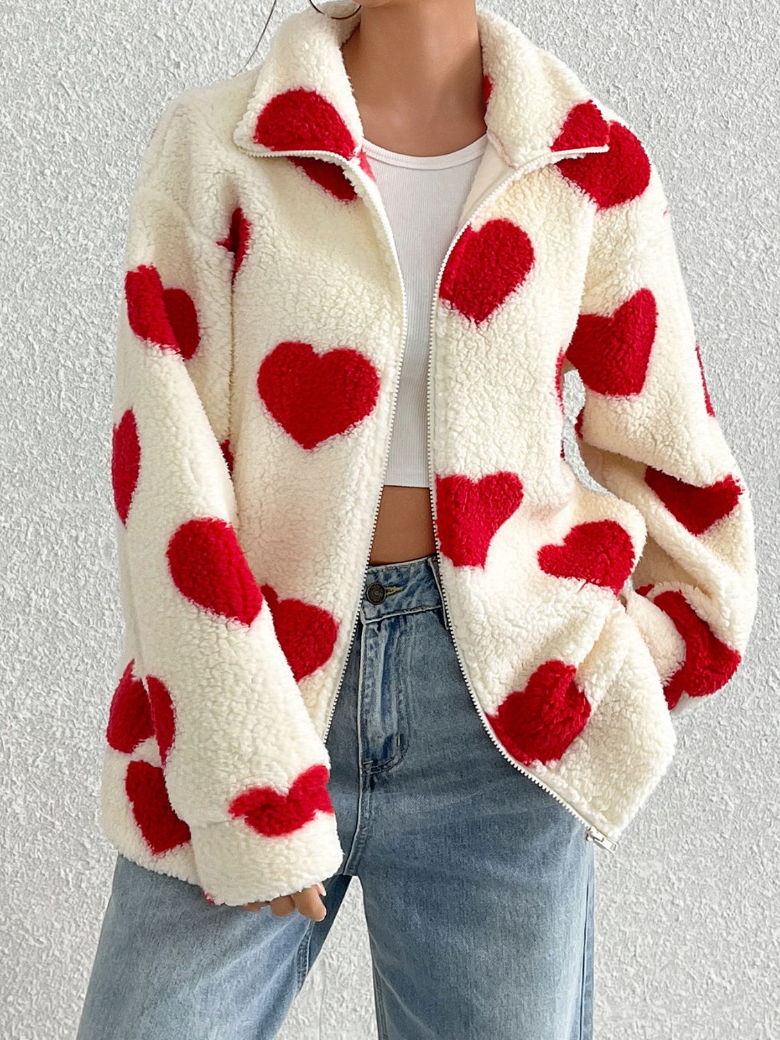 Heart Zip Up Drop Shoulder Furry Jacket Trendsi