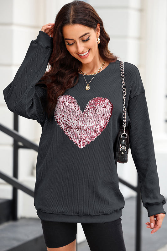 Heart Sequin Round Neck Sweatshirt Trendsi