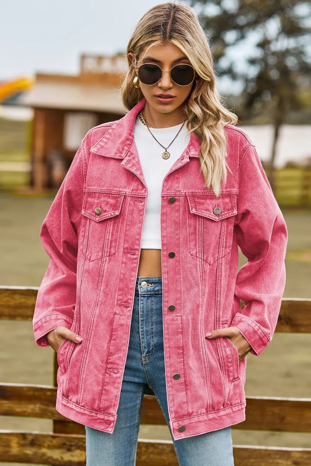 Buttoned Collared Neck Denim Jacket with Pockets Trendsi