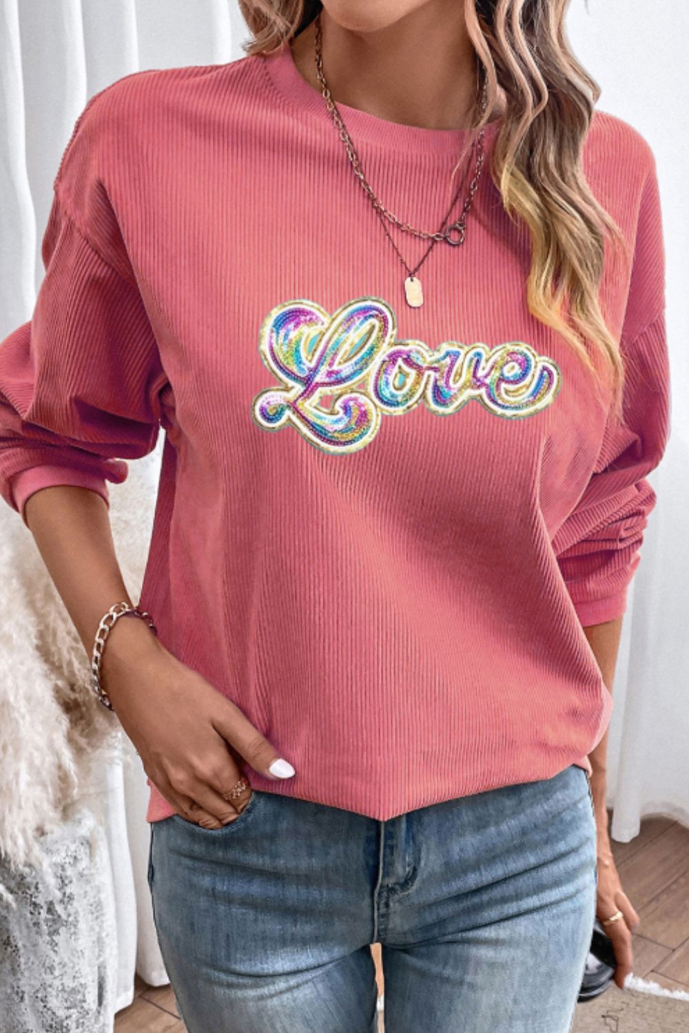 Valentine's Day LOVE Round Neck Long Sleeve Sweatshirt Trendsi