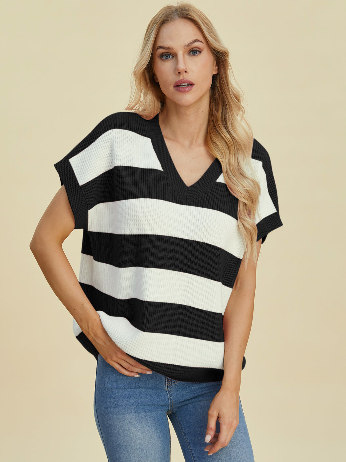 Double Take Full Size Striped V-Neck Short Sleeve Sweater Trendsi