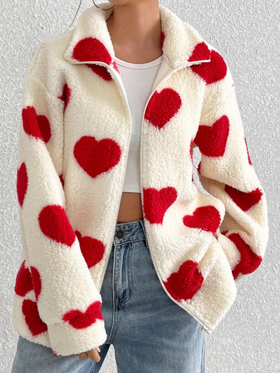 Heart Zip Up Drop Shoulder Furry Jacket Trendsi