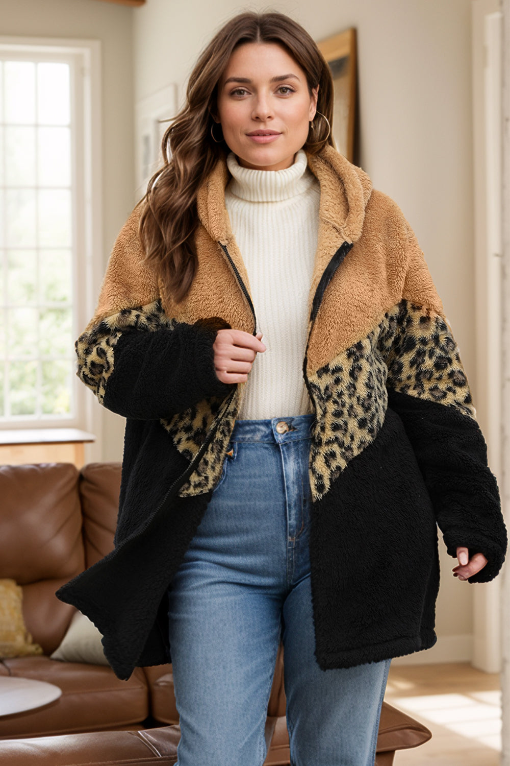 Plus Size Leopard Zip Up Hooded Outerwear Trendsi