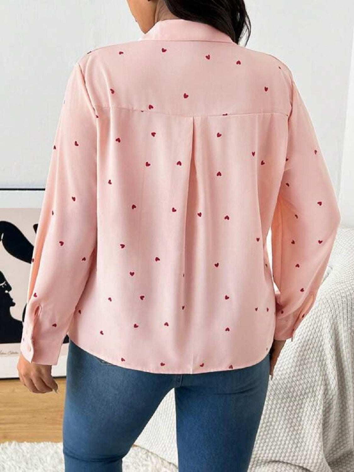 Heart Collared Neck Long Sleeve Shirt Trendsi