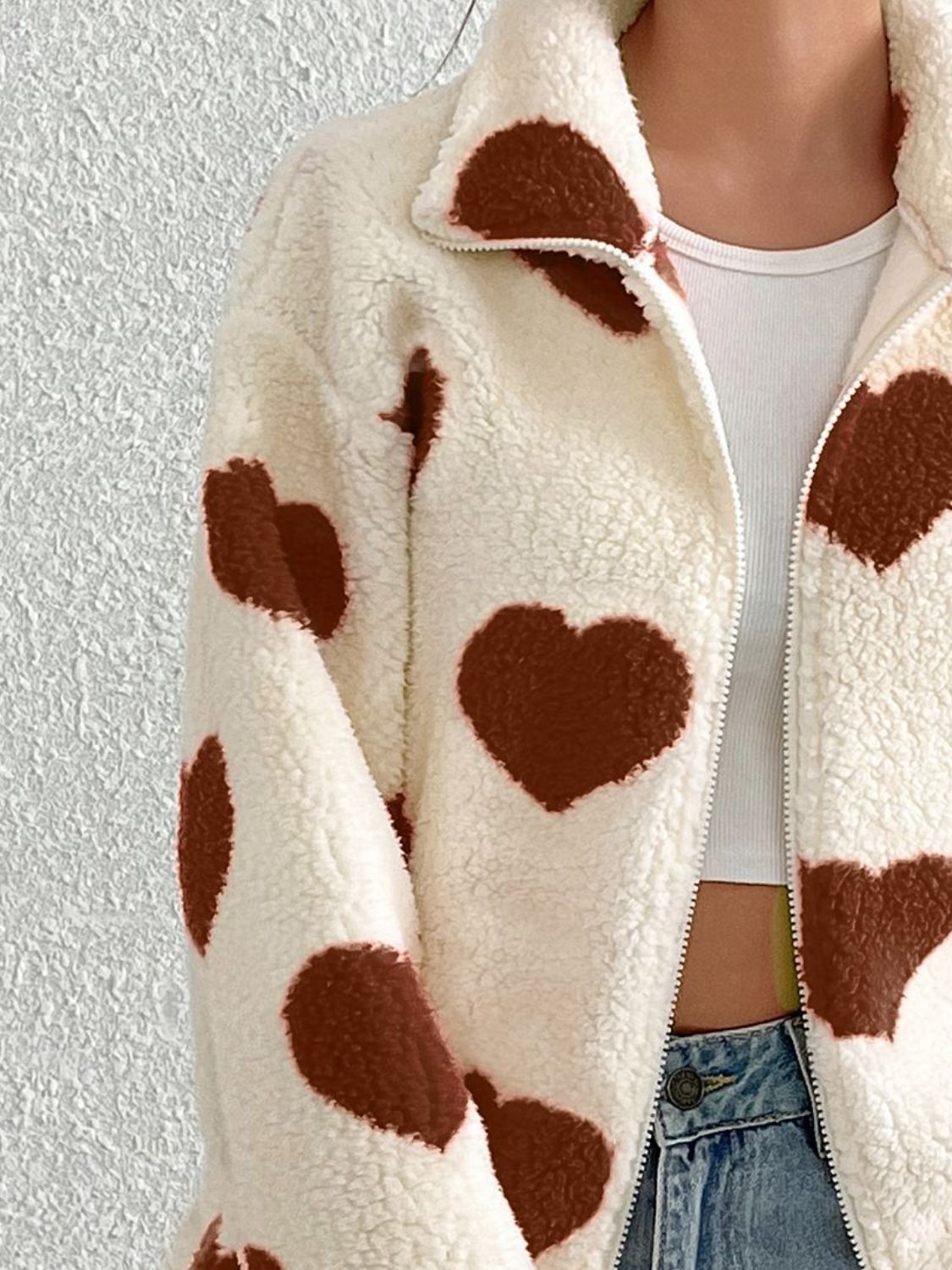 Heart Zip Up Drop Shoulder Furry Jacket Trendsi