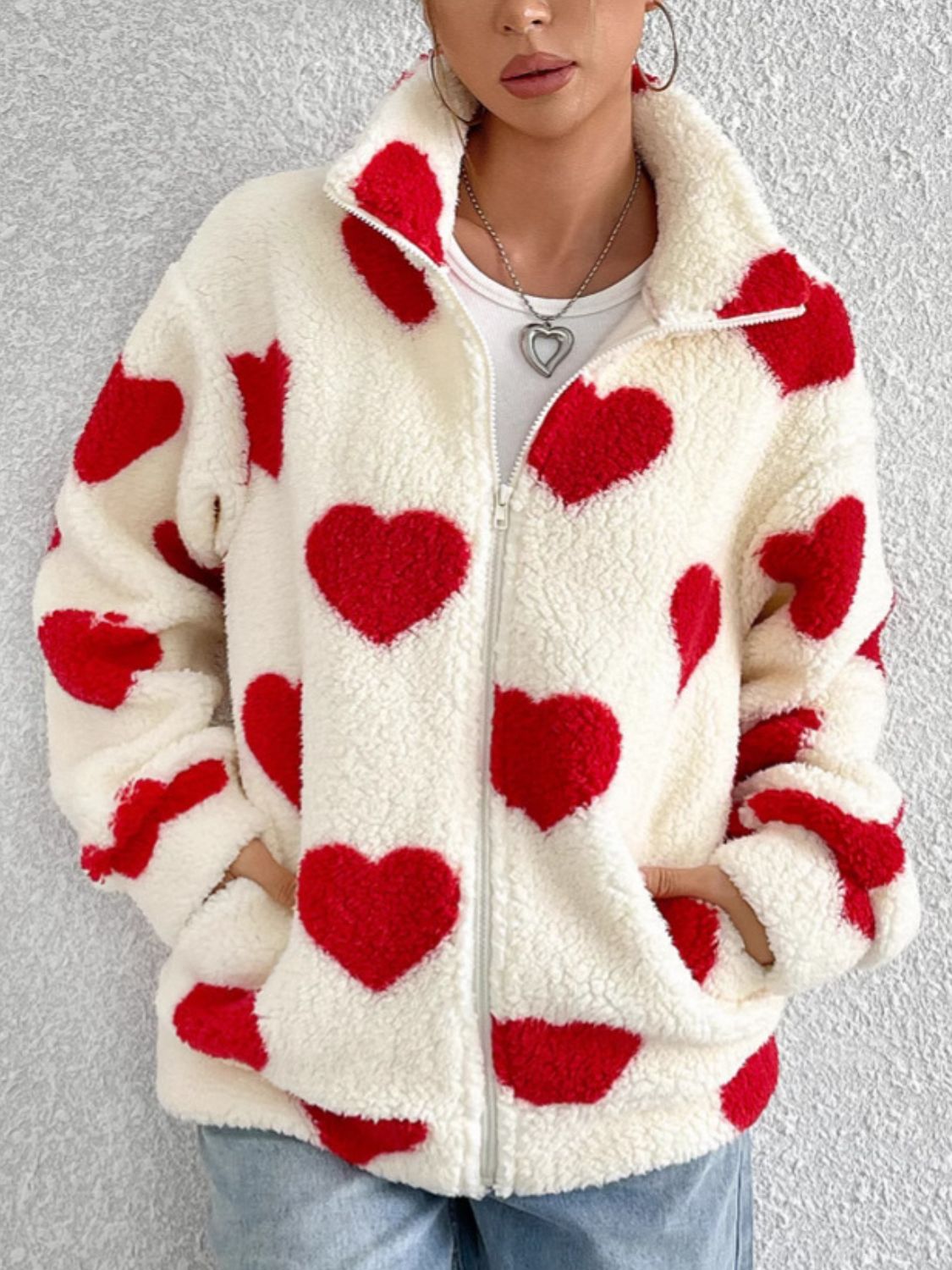 Heart Zip Up Drop Shoulder Furry Jacket Trendsi