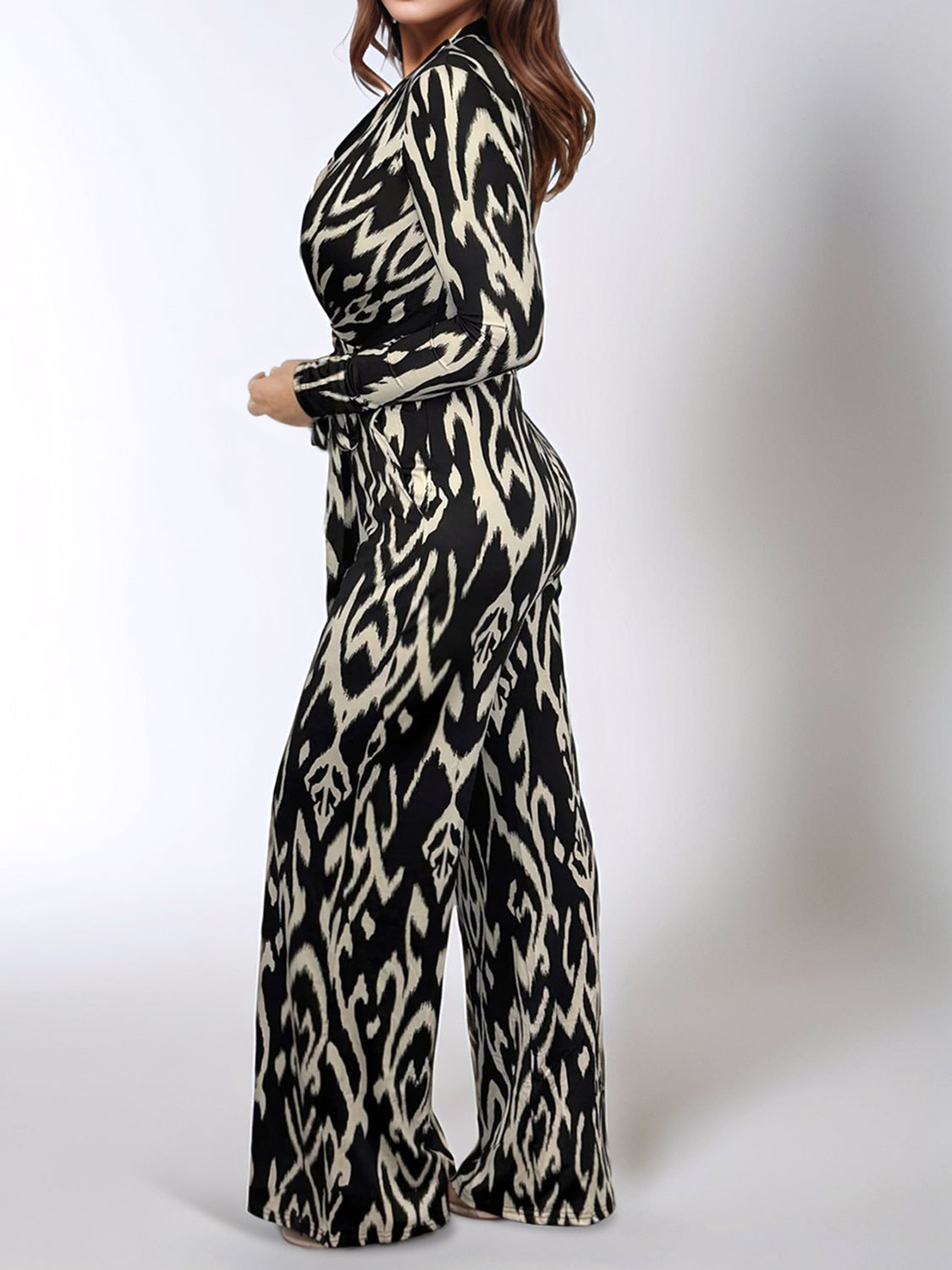 Full Size Leopard Tie Waist Long Sleeve Jumpsuit Plus Size Trendsi