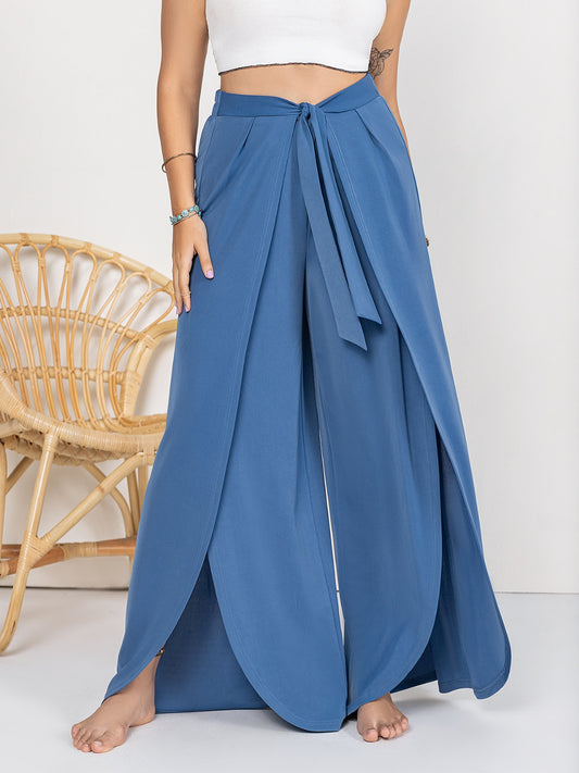 Plus Size Tied Slit Wide Leg Pants Trendsi