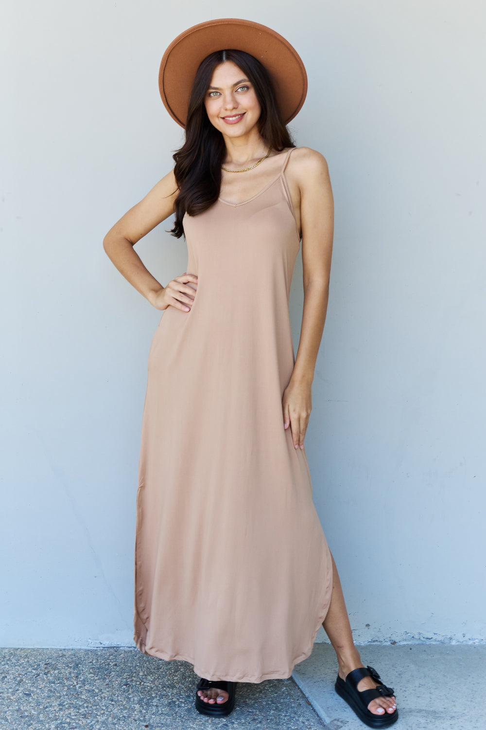 Ninexis Good Energy Full Size Cami Side Slit Maxi Dress in Camel Trendsi