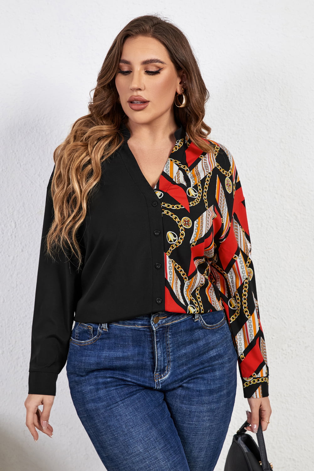 Melo Apparel Plus Size Contrast Color Notched Neck Shirt