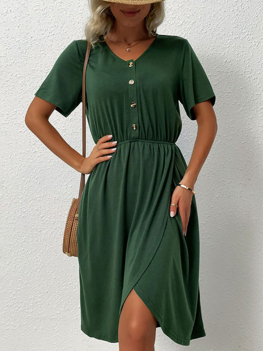 V-Neck Short Sleeve Split Dress Trendsi