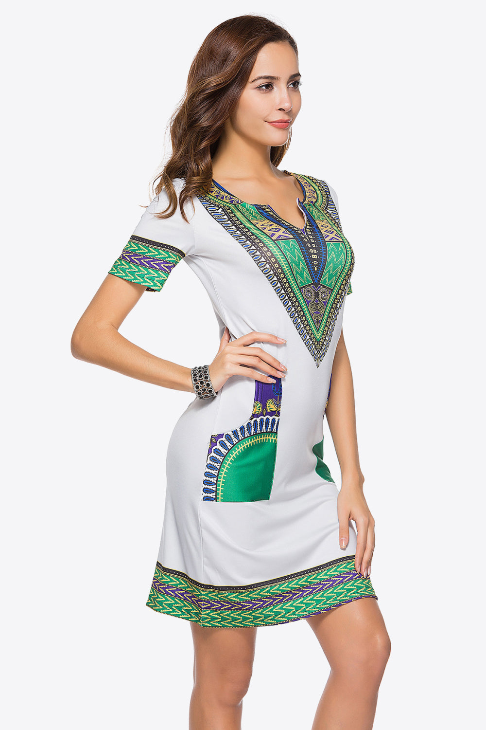 Full Size Printed Notched Neck Short Sleeve Mini Dress