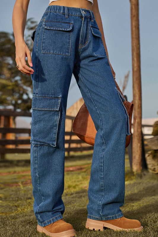Loose Fit Long Jeans with Pockets Trendsi