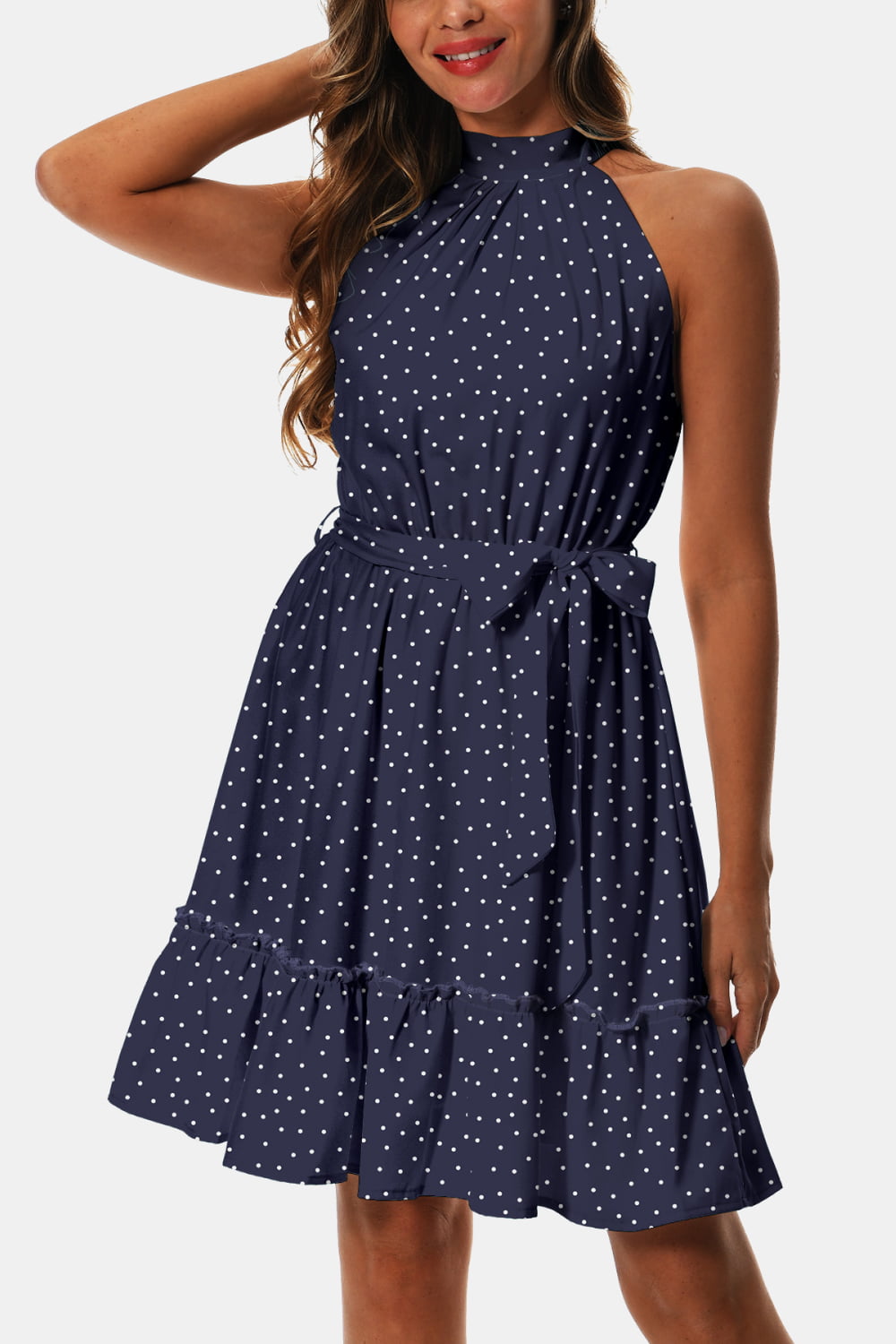 Printed Tie Waist Frill Trim Dress Trendsi