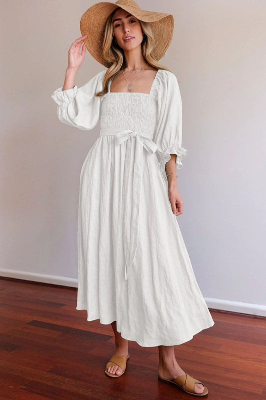 Smocked Square Neck Flounce Sleeve Dress Trendsi