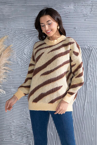 Animal Element Round Neck Dropped Shoulder Sweater