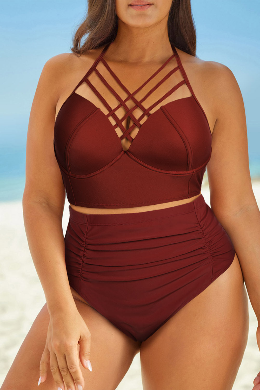 Halter Neck Crisscross Ruched Two-Piece Swimsuit Trendsi