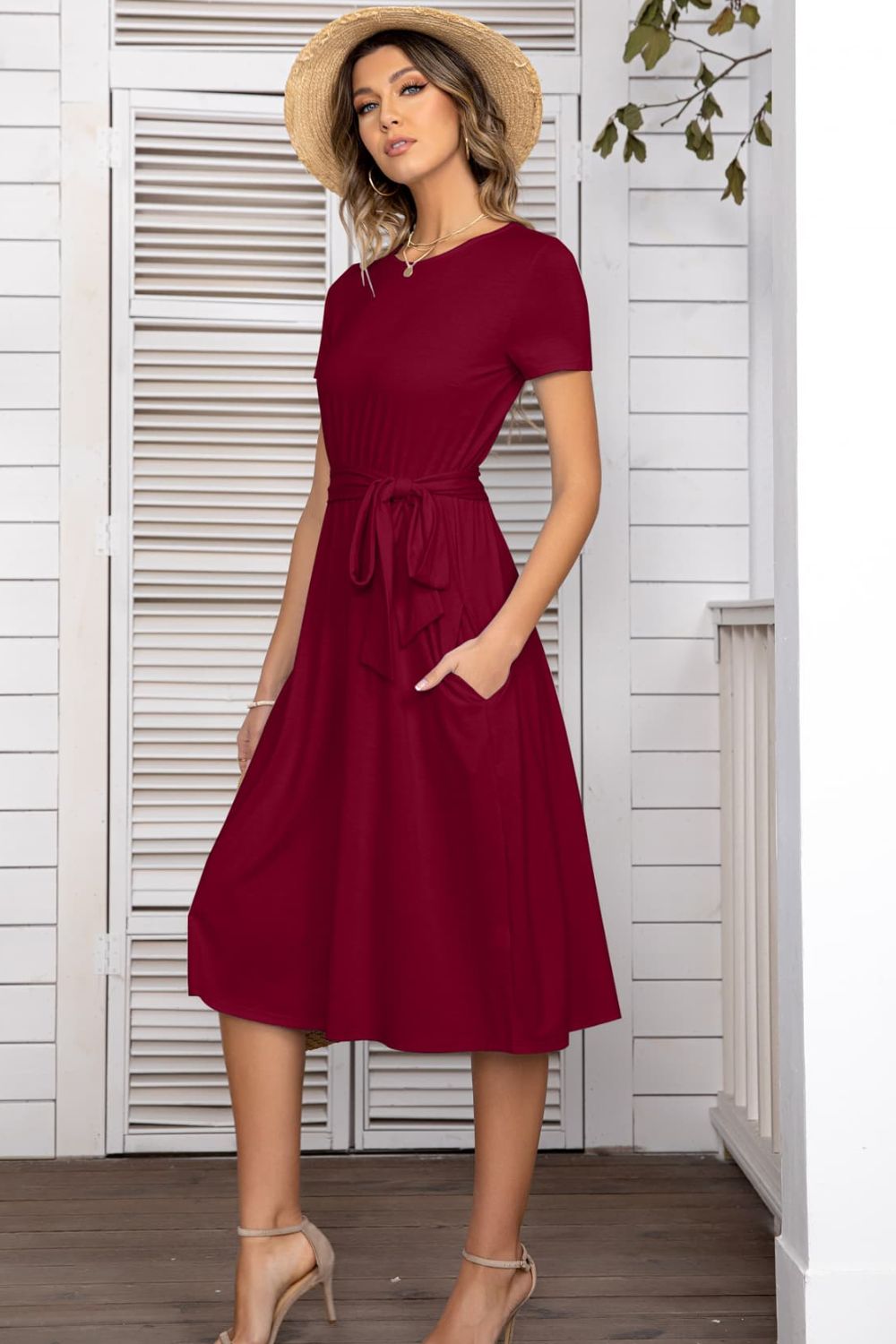 Belted Tee Dress With Pockets Trendsi