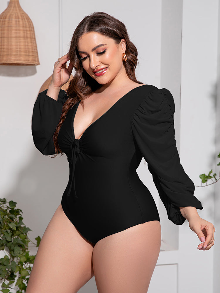 Plus Size Tied Deep V Balloon Sleeve One-Piece Swimsuit Trendsi