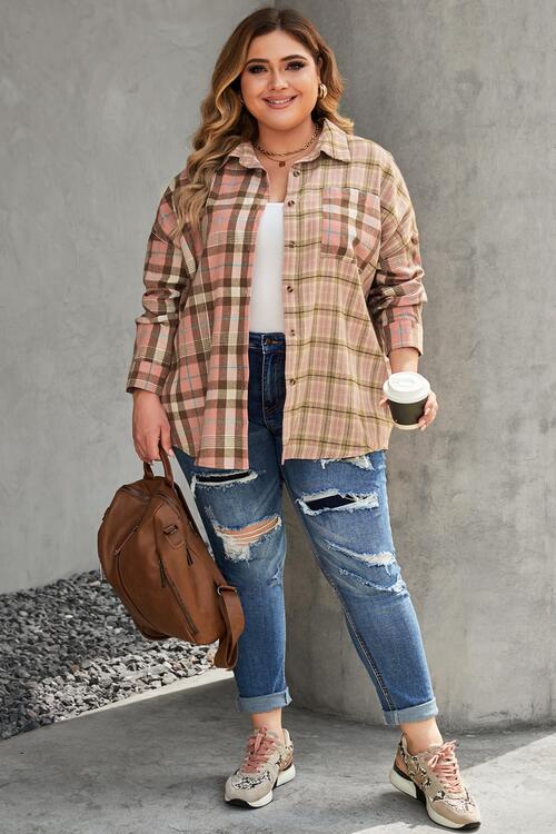 Plus Size Plaid Button Up Collared Neck Shirt