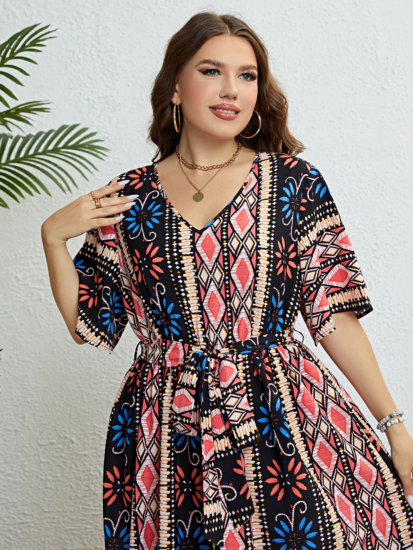 Plus Size Bohemian V-Neck Tie Belt Midi Dress Trendsi