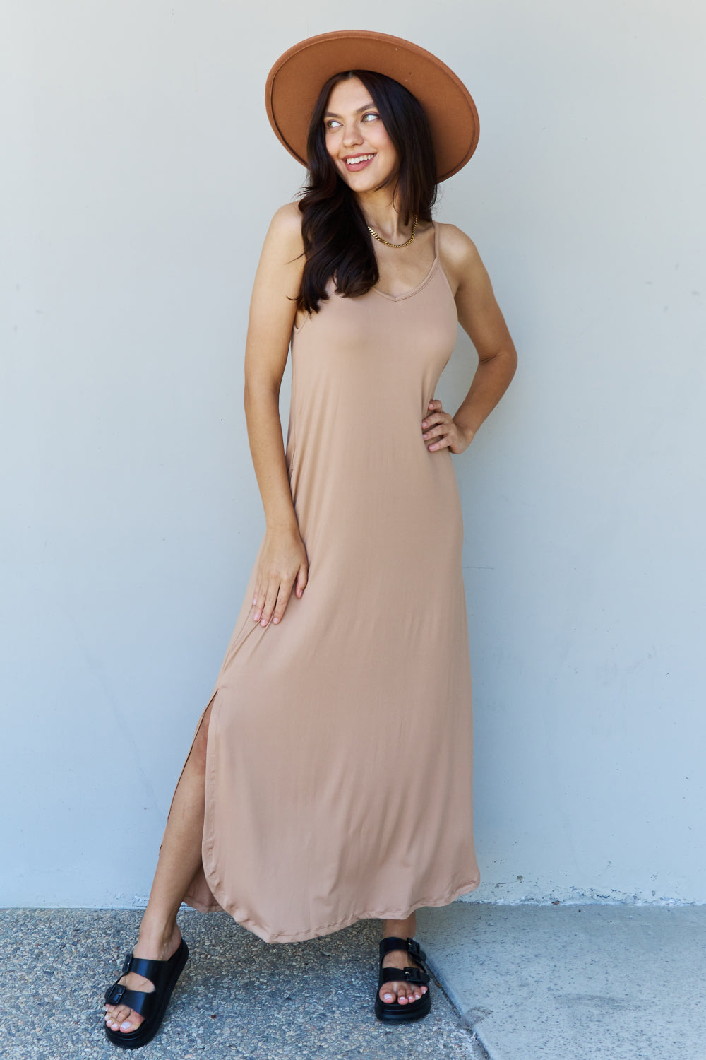 Ninexis Good Energy Full Size Cami Side Slit Maxi Dress in Camel Trendsi