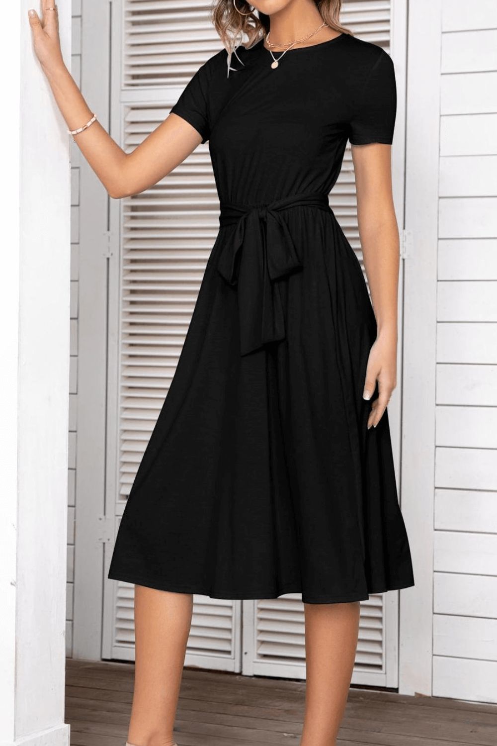 Belted Tee Dress With Pockets Trendsi