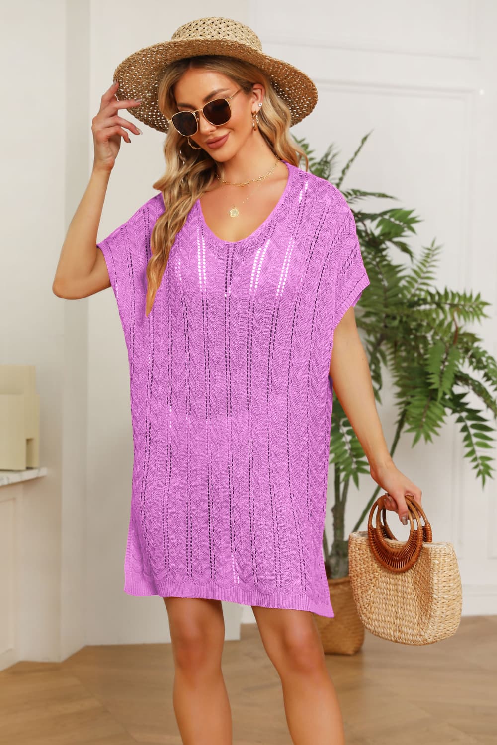 Openwork Side Slit Knit Dress Trendsi