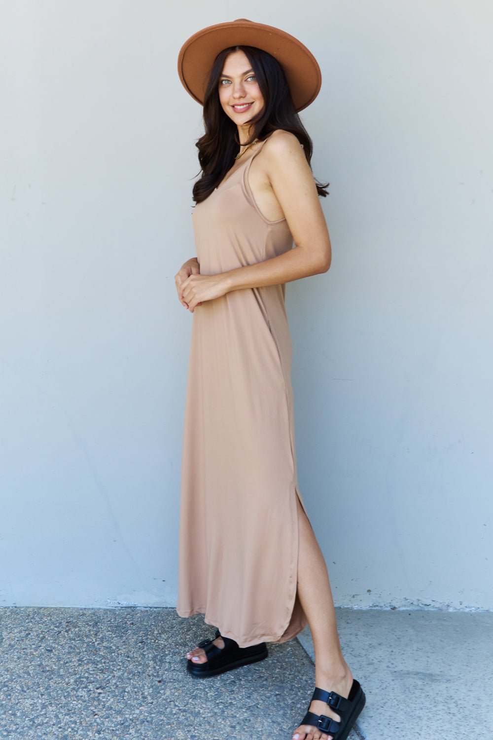 Ninexis Good Energy Full Size Cami Side Slit Maxi Dress in Camel Trendsi