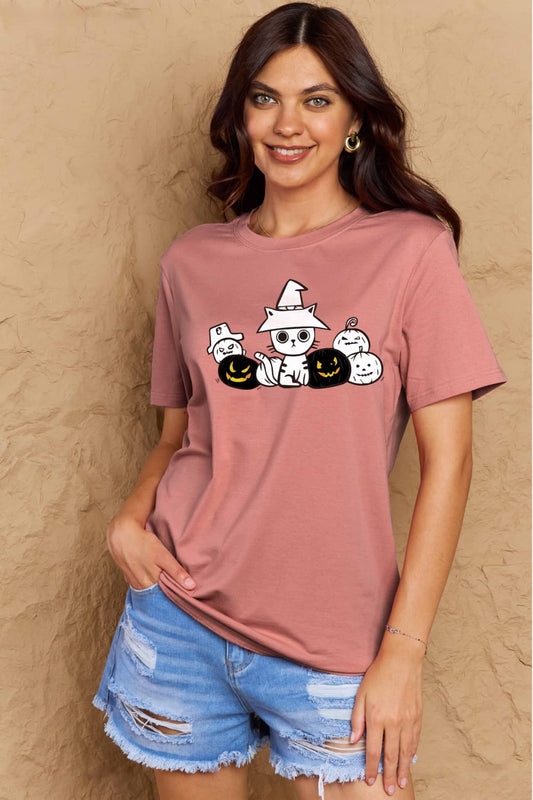 Simply Love Full Size Cat & Pumpkin Graphic Cotton T-Shirt Trendsi