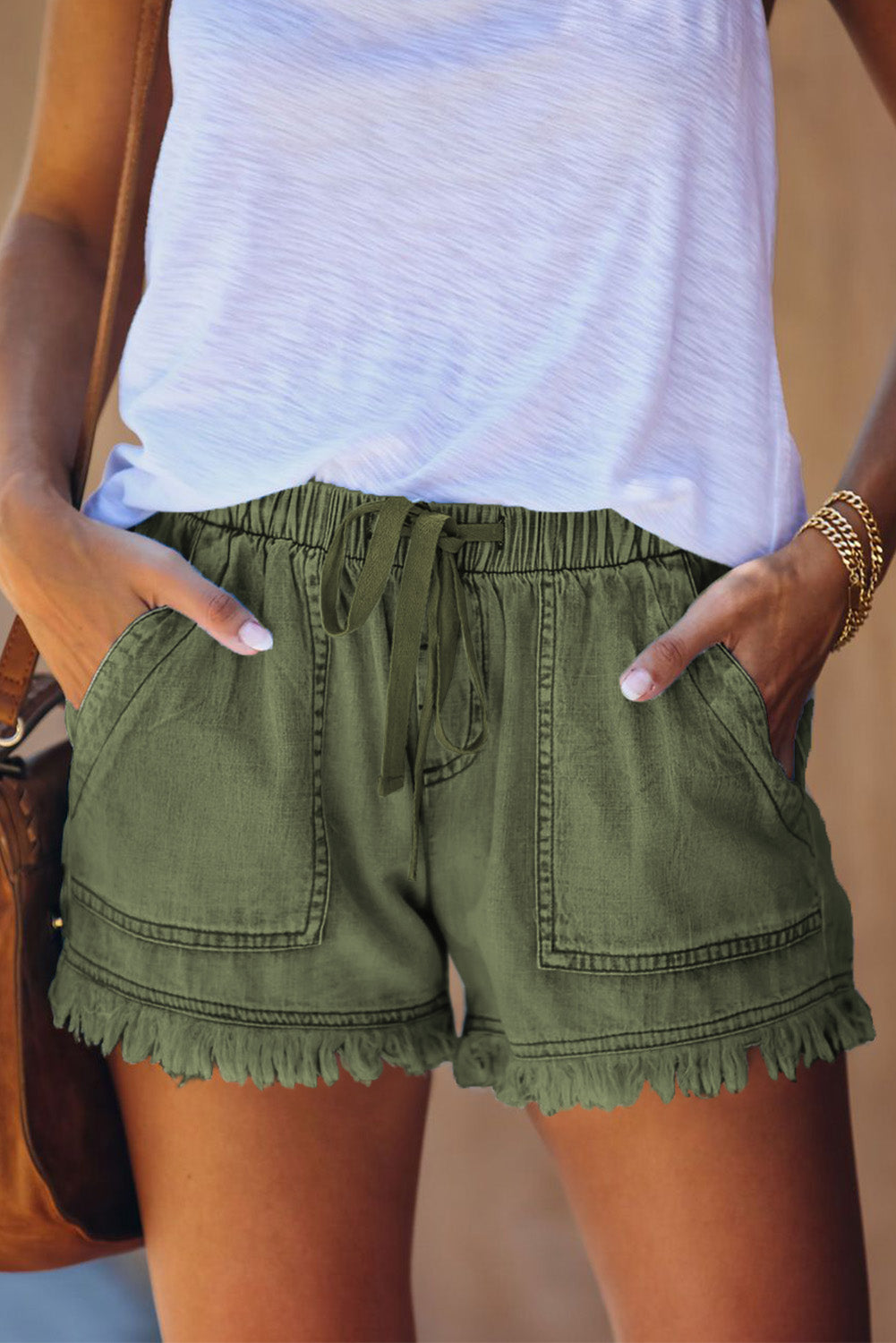 Pocketed Frayed Denim Shorts