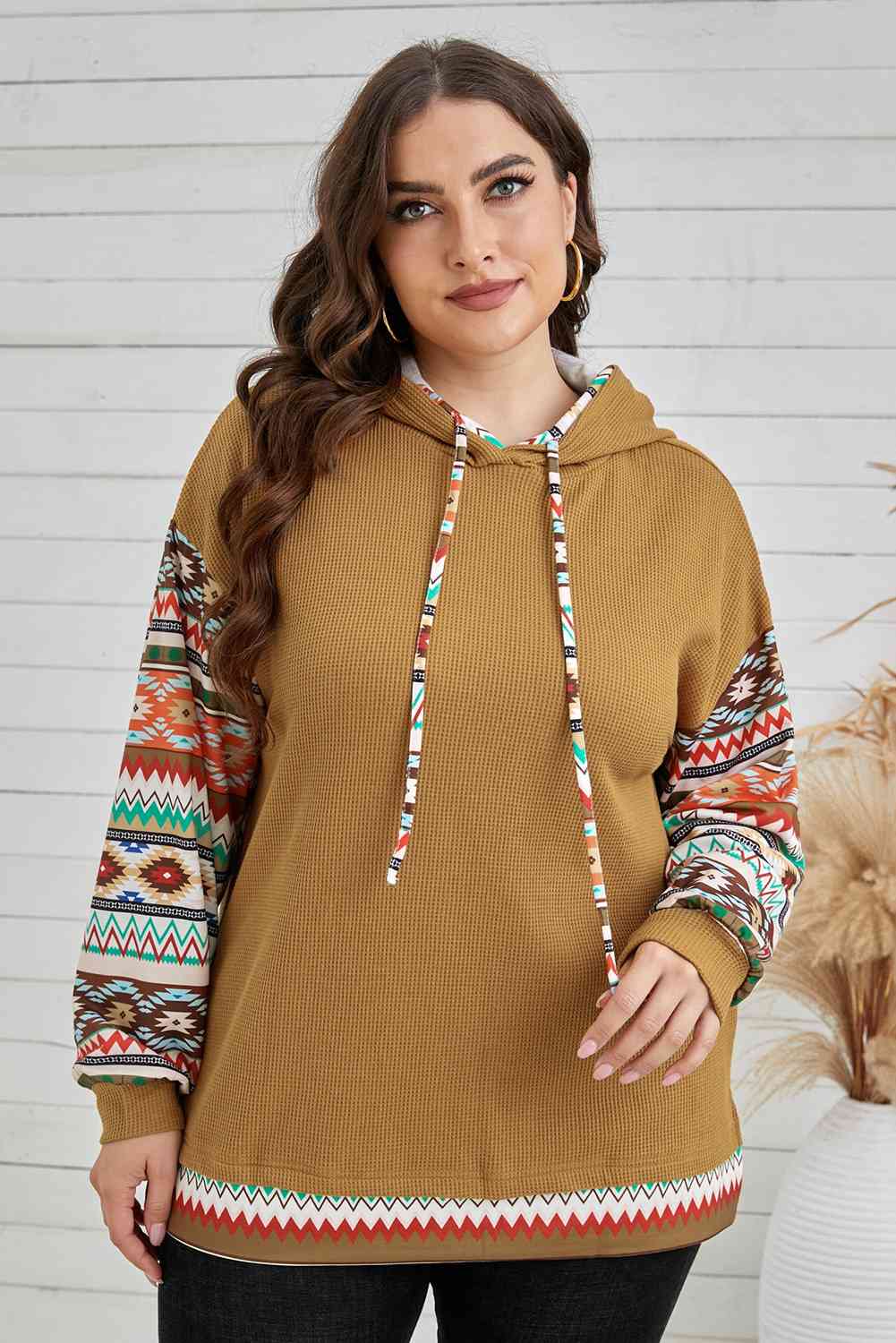 Plus Size Printed Side Slit Waffle-Knit Hoodie