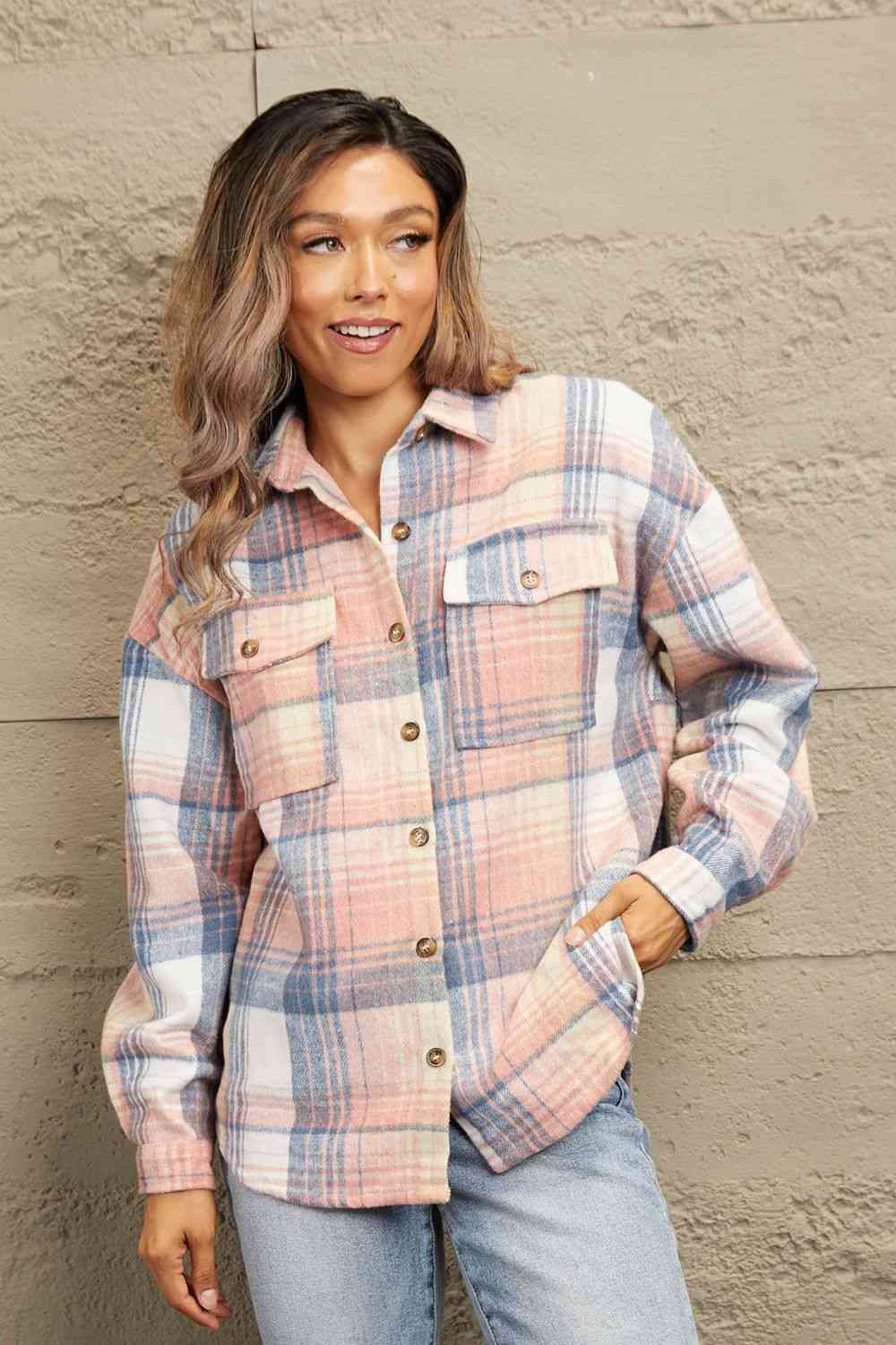 Double Take Plaid Dropped Shoulder Shacket