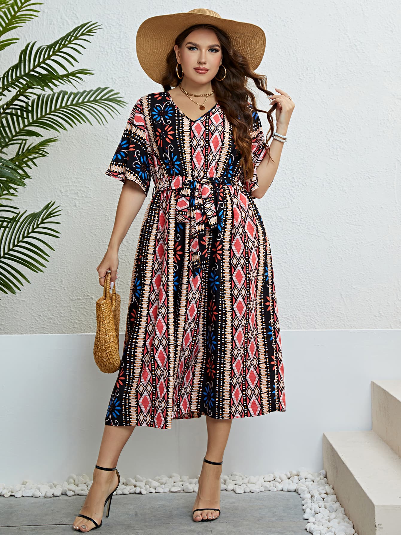 Plus Size Bohemian V-Neck Tie Belt Midi Dress Trendsi