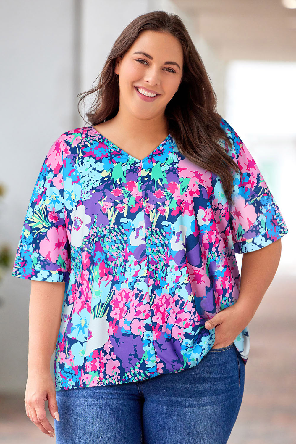 Floral Center Seam V-Neck Blouse