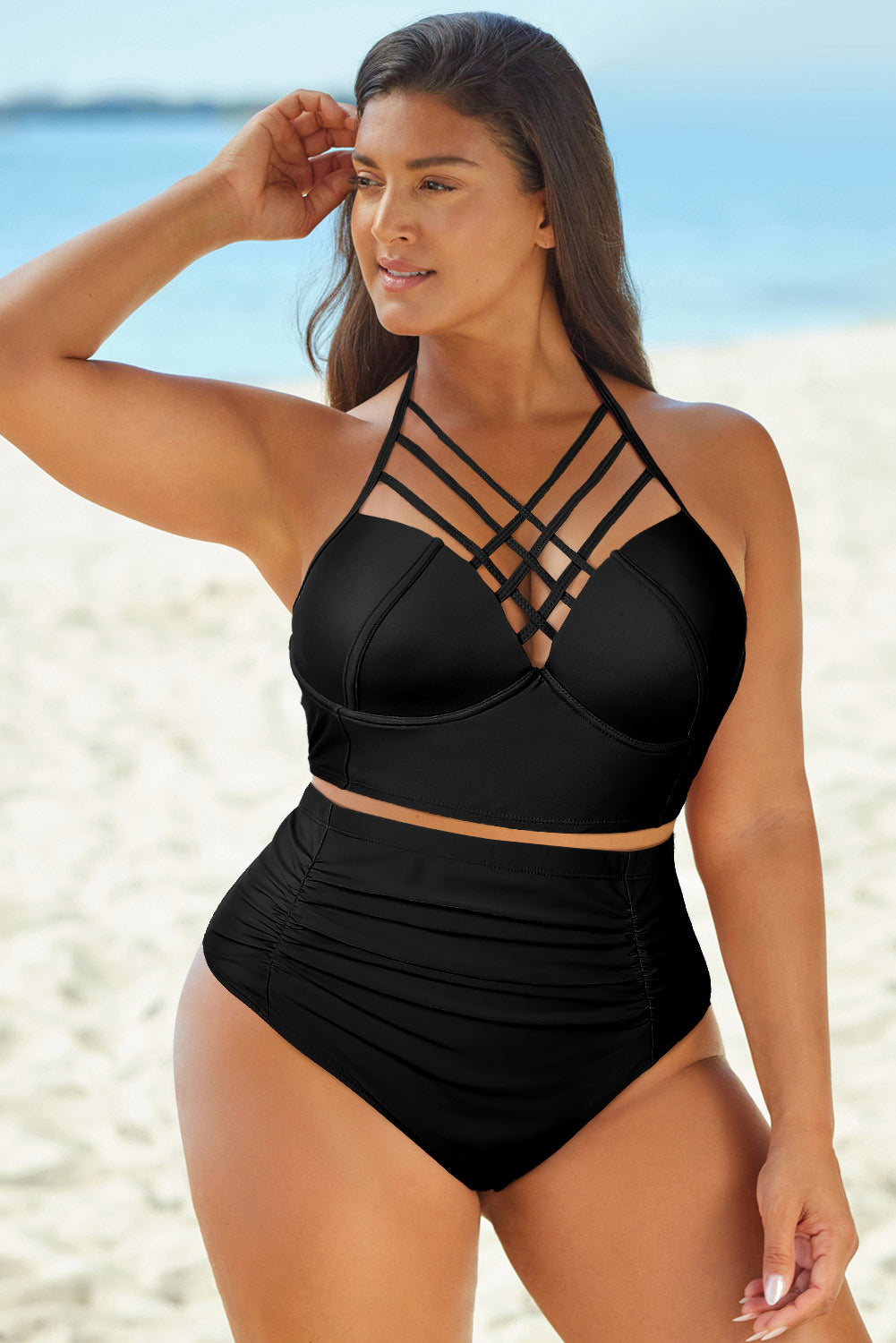 Halter Neck Crisscross Ruched Two-Piece Swimsuit Trendsi