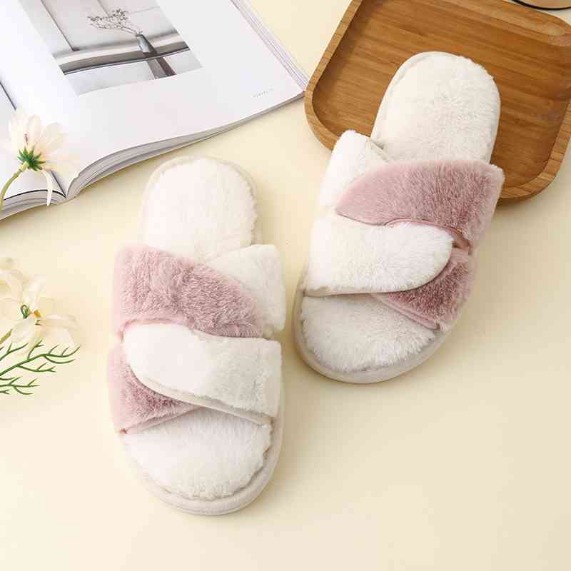 Faux Fur Twisted Strap Slippers